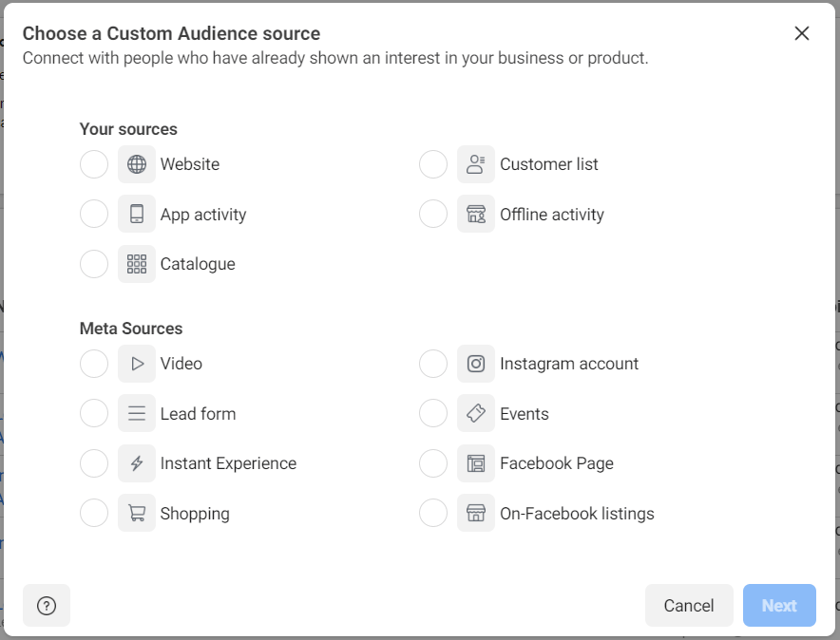 custom audience creation pop up box