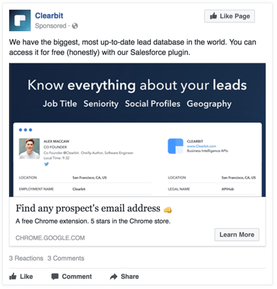 example of a Facebook ad from clearbit