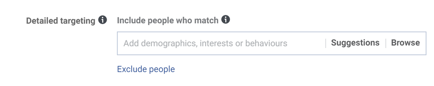 Adding targeting options in Facebook is done via the Detailed targeting section