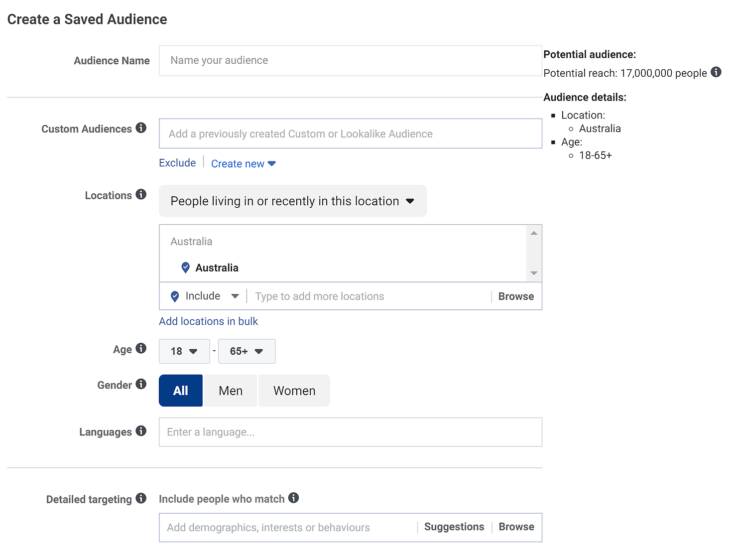 The pop-up creator for Saved Audiences in Facebook
